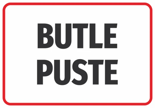 Naklejka BHP z czarnym napisem Butle puste w czerwonej ramce, przeznaczona do oznaczania magazynów gazów