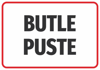 Naklejka Butle puste - Wzór graficzny. Duży napis BUTLE PUSTE w czarnym kolorze na białym tle z czerwoną ramką