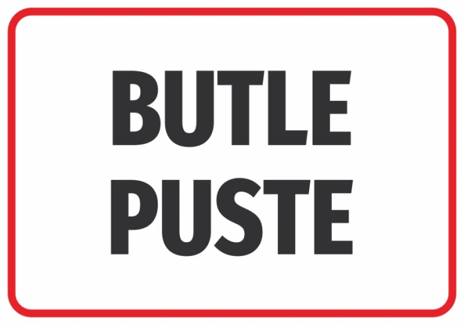 Naklejka Butle puste - Wzór graficzny. Duży napis BUTLE PUSTE w czarnym kolorze na białym tle z czerwoną ramką