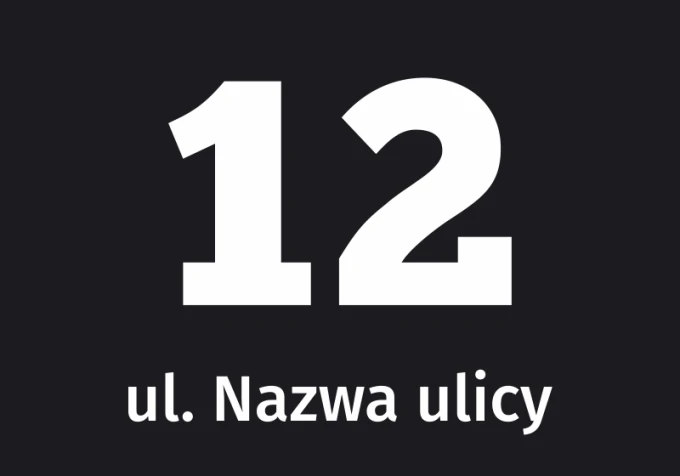 Naklejka na budynek z ulicą i numerem - Wzór graficzny. Duża cyfra 12 na ciemnym tle oraz tekst z nazwą ulicy