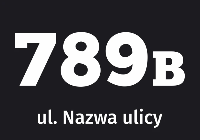 Naklejka na budynek z ulicą i numerem - Wzór graficzny. Duże cyfry i tekst na ciemnym tle