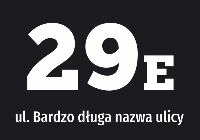 Naklejka na budynek z ulicą i numerem - Wzór graficzny. Duże, białe cyfry i tekst na czarnym tle