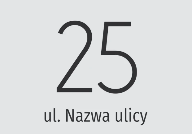 Naklejka adresowa na dom z przykładowym numerem budynku oraz miejscem na nazwę ulicy, pokazana na szarym tle