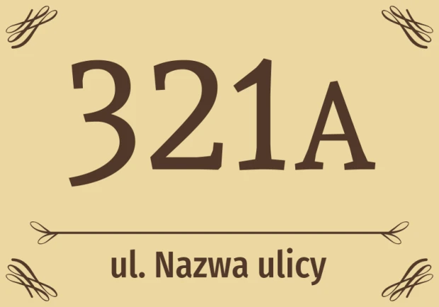 Naklejka adresowa na beżowym tle z przykładowym numerem domu, nazwą ulicy i ozdobnymi ornamentami w rogach