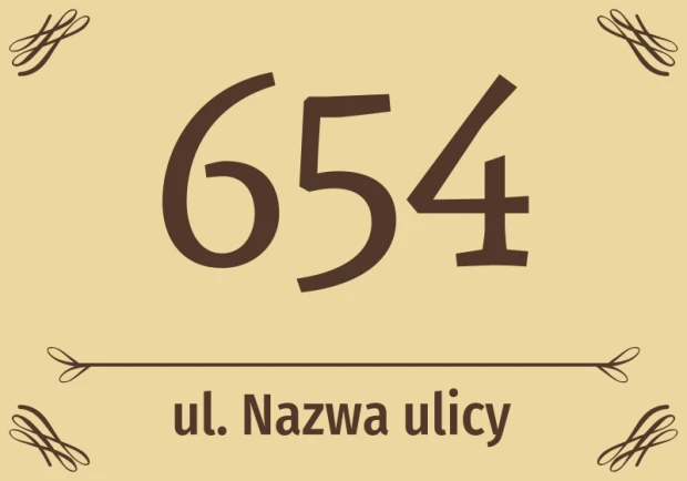 Naklejka adresowa na beżowym tle z miejscem na numer domu, nazwę ulicy i ozdobnymi zawijasami w rogach