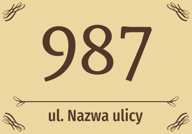 Prostokątna naklejka adresowa na beżowym tle z miejscem na numer domu, nazwę ulicy oraz ozdobnymi ornamentami