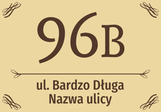 Naklejka adresowa na beżowym tle z przykładowym numerem, literą i dwiema linijkami tekstu na nazwę ulicy