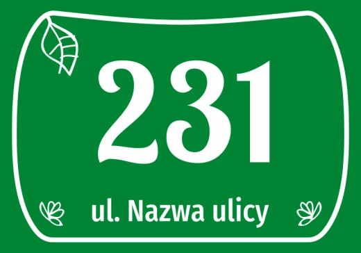 Zielona naklejka adresowa na białym tle z przykładowym numerem domu, nazwą ulicy oraz motywem listka i kwiatów