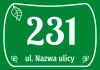 Naklejka Nr domu, ulica - Wzór graficzny. Zielone tło z białymi cyframi i napisem, liście w rogach