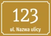 Naklejka Numer domu, ulica - Wzór graficzny. Duża cyfra 123 na złotym tle, poniżej napis ul. Nazwa ulicy