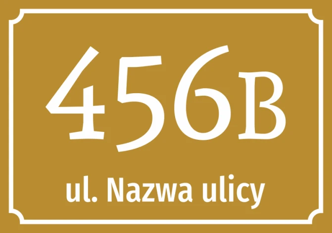 Naklejka Numer domu, ulica - Wzór graficzny. Duża cyfra 456B na złotym tle z białym napisem ul. Nazwa ulicy
