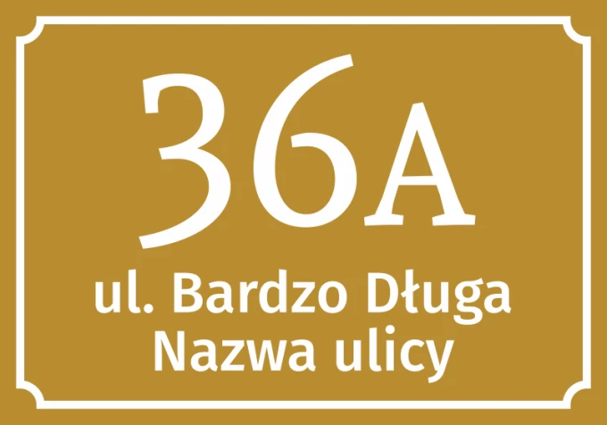 Naklejka Numer domu, ulica - Wzór graficzny. Prostokątna naklejka z białym tekstem na złotym tle