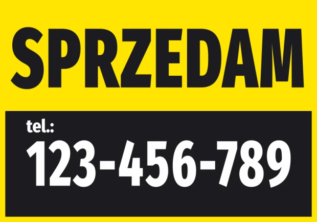 Naklejka Sprzedam, z numerem telefonu - Wzór graficzny. Duży napis na żółtym tle, numer telefonu w czerni
