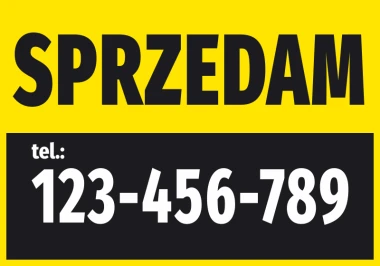 Naklejka Sprzedam, z numerem telefonu - Wzór graficzny. Duży napis na żółtym tle, numer telefonu w czerni