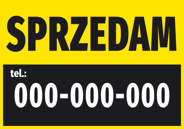 Naklejka Sprzedam, z numerem telefonu - Wzór graficzny. Duży, czarny napis na żółtym tle, numer telefonu w białej czcionce