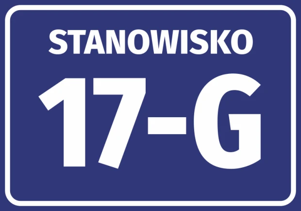 Niebieska naklejka BHP z napisem STANOWISKO oraz dużym, białym polem na własny numer i literę