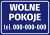 Naklejka Wolne pokoje, z numerem telefonu - Wzór graficzny. Prosta, prostokątna forma z białym tekstem na niebieskim tle