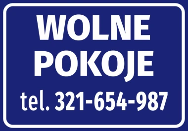 Naklejka Wolne pokoje, z numerem telefonu - Wzór graficzny. Prosta, prostokątna forma z białym tekstem na niebieskim tle