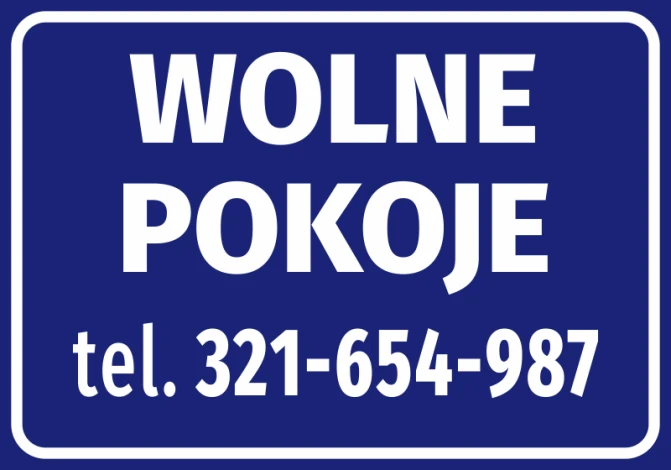 Naklejka Wolne pokoje, z numerem telefonu - Wzór graficzny. Prosta, prostokątna forma z białym tekstem na niebieskim tle
