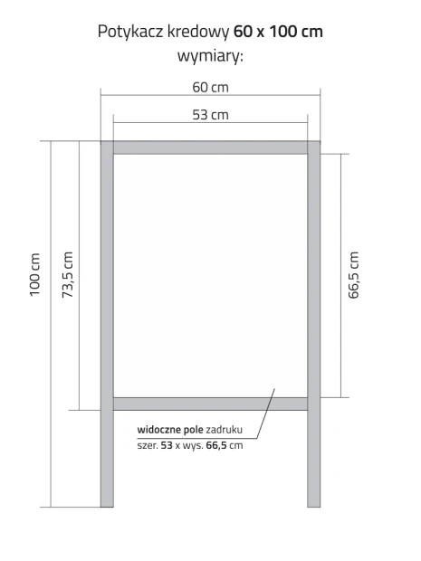 Potykacz kredowy z indywidualnym nadrukiem - Wzór graficzny. Prosta forma prostokąta z wymiarami 60x100 cm