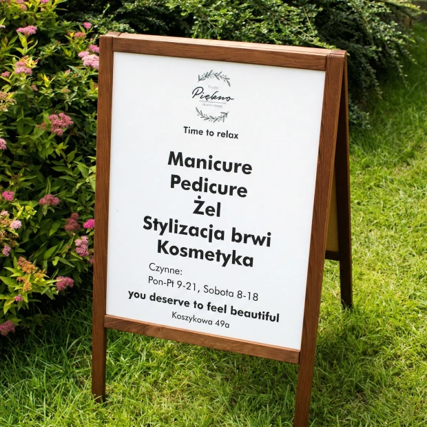 Potykacz kredowy z indywidualnym nadrukiem - Wzór graficzny. Prosty układ tekstu w dużych czcionkach na białym tle