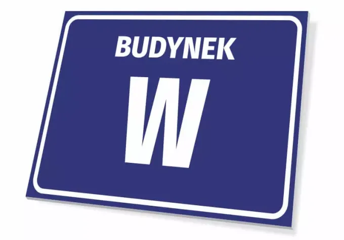 Tabliczka Budynek z numerem, literą - Wzór graficzny. Prostokątna tabliczka z niebieskim tłem i białym napisem