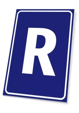 Tabliczka litera - Wzór graficzny. Niebieskie tło z dużą białą literą R w centrum