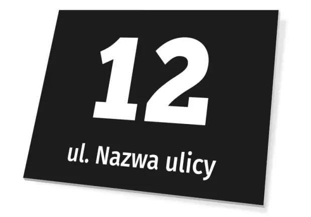 Tabliczka na budynek z ulicą i numerem - Wzór graficzny. Czarne tło z białymi cyframi i tekstem