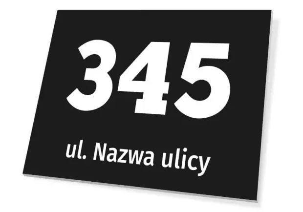 Tabliczka na budynek z ulicą i numerem - Wzór graficzny. Czarny prostokąt z białymi cyframi i napisem