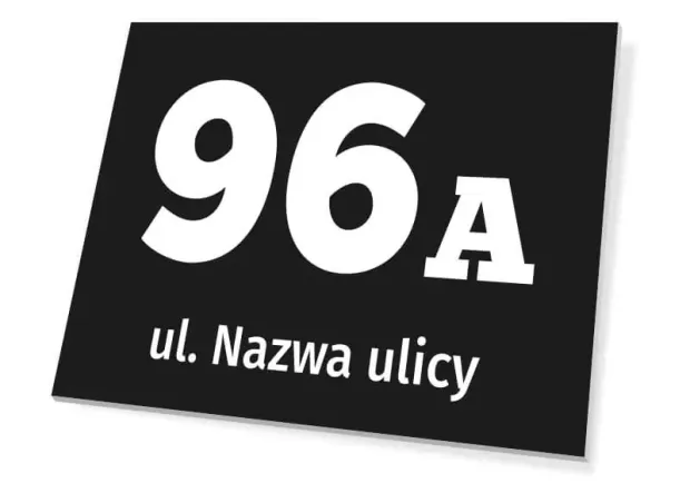Tabliczka na budynek z ulicą i numerem - Wzór graficzny. Czarny prostokąt z białymi cyframi i tekstem