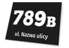 Tabliczka na budynek z ulicą i numerem - Wzór graficzny. Czarne tło z białymi cyframi i napisem