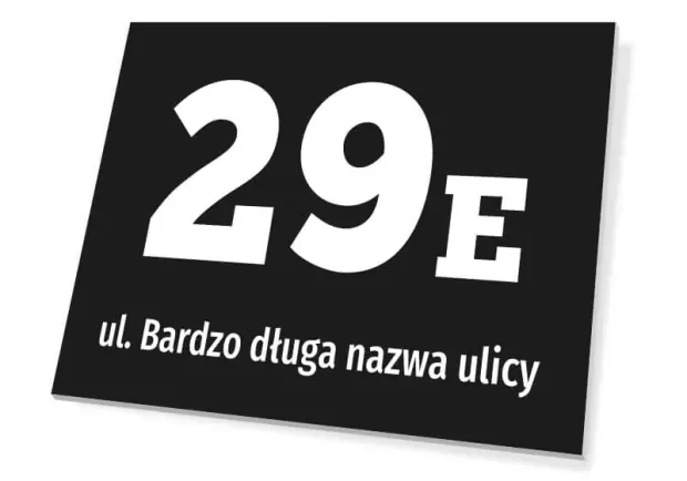 Tabliczka na budynek z ulicą i numerem - Wzór graficzny. Czarne tło z białymi cyframi i tekstem