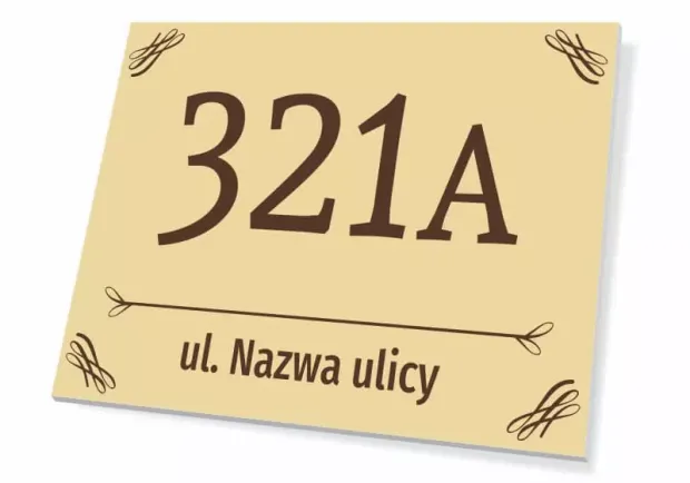 Tabliczka na dom T665, z numerem i ulicą - Wzór graficzny. Prosta forma z dużymi cyframi i napisem na jasnym tle