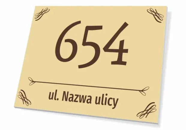 Tabliczka na dom T665, z numerem i ulicą - Wzór graficzny. Prostokątna tabliczka z dużym numerem i napisem na jasnym tle