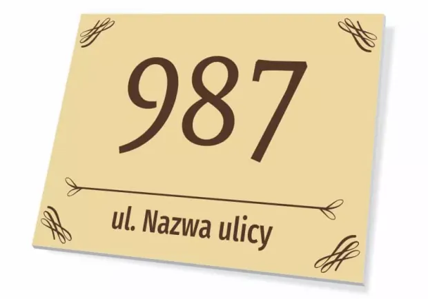 Tabliczka na dom T665, z numerem i ulicą - Wzór graficzny. Prostokątna tabliczka z dużymi cyframi i napisem