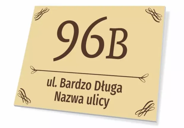 Tabliczka na dom T665, z numerem i ulicą - Wzór graficzny. Duży numer 96B na jasnym tle, z nazwą ulicy poniżej