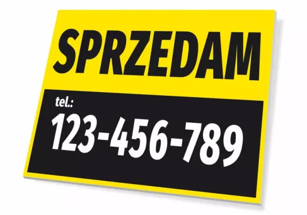 Tabliczka Sprzedam, z numerem telefonu - Wzór graficzny. Żółte tło z czarnym napisem i białymi cyframi