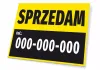 Tabliczka Sprzedam, z numerem telefonu - Wzór graficzny. Prostokątna tabliczka z żółtym tłem, czarnym napisem i białymi