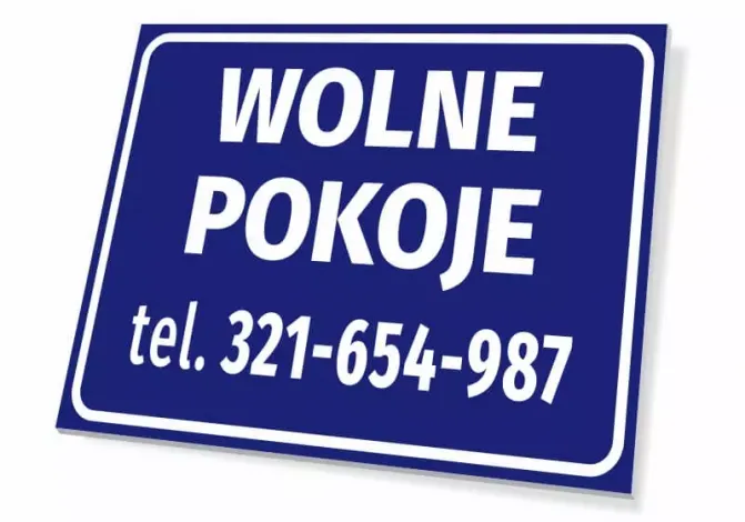Tabliczka Wolne pokoje, z numerem telefonu - Wzór graficzny. Prosta, prostokątna tabliczka z białym napisem na niebieskim