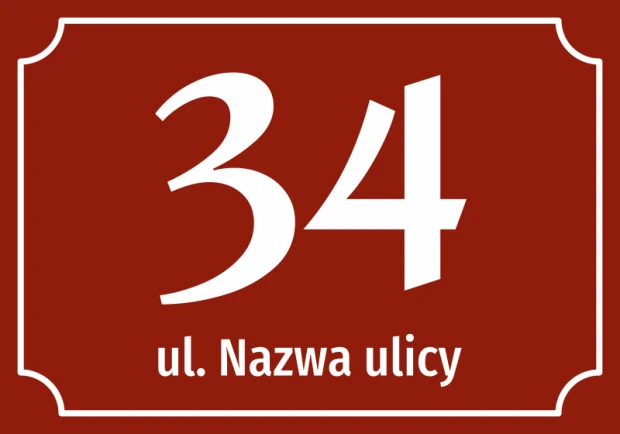 Czerwona naklejka adresowa z przykładowym numerem domu i nazwą ulicy w ozdobnej ramce na białym tle