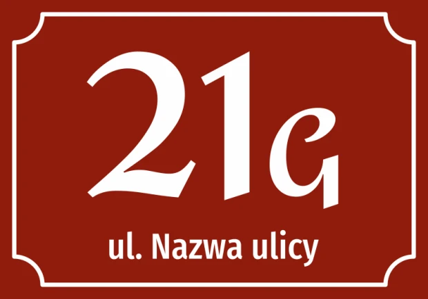Bordowa naklejka adresowa z miejscem na numer domu i nazwę ulicy w ozdobnej ramce na białym tle