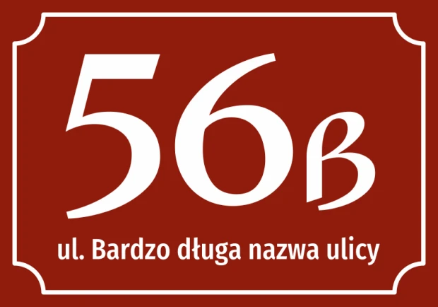 Brązowa naklejka adresowa na białym tle z przykładowym numerem domu i nazwą ulicy w ozdobnej ramce