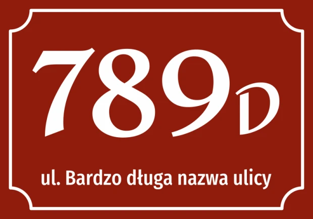 Brązowa naklejka adresowa w ozdobnej ramce z przykładowym długim adresem i numerem domu z literą