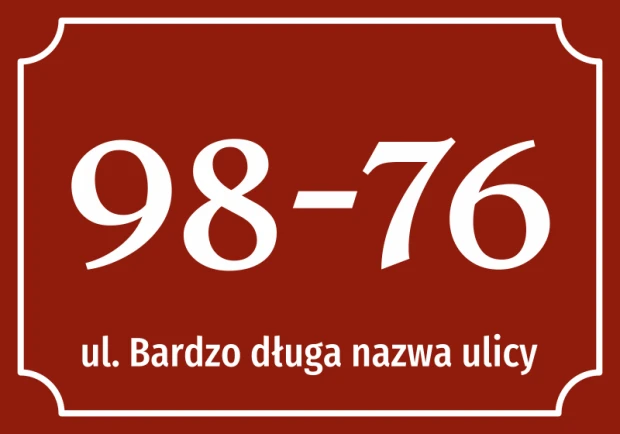 Bordowa naklejka adresowa w ozdobnej ramce z przykładowym podwójnym numerem domu i długą nazwą ulicy