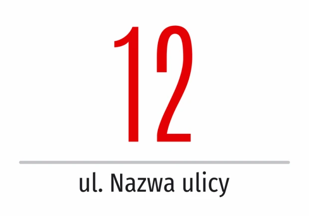 Naklejka z numerem budynku, domu i ulicą - Wzór graficzny. Duża czerwona cyfra 12 nad napisem ul. Nazwa ulicy