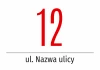 Naklejka z numerem budynku, domu i ulicą - Wzór graficzny. Duża czerwona cyfra 12 nad napisem ul. Nazwa ulicy