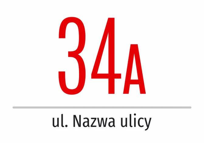 Naklejka z numerem budynku, domu i ulicą - Wzór graficzny. Duża czerwona liczba 34A nad napisem ul. Nazwa ulicy