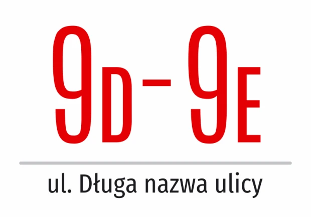 Naklejka z numerem budynku, domu i ulicą - Wzór graficzny. Duże czerwone cyfry i litery na białym tle