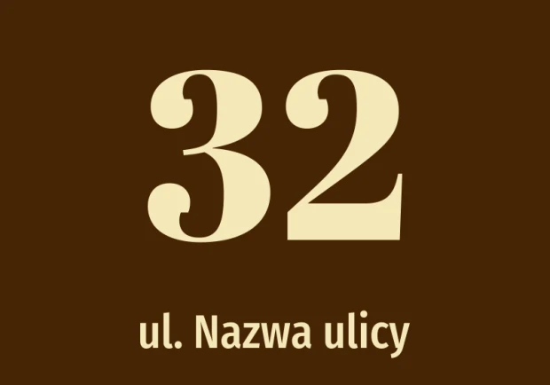 Naklejka adresowa na ciemnym tle z przykładowym numerem posesji oraz miejscem na nazwę ulicy