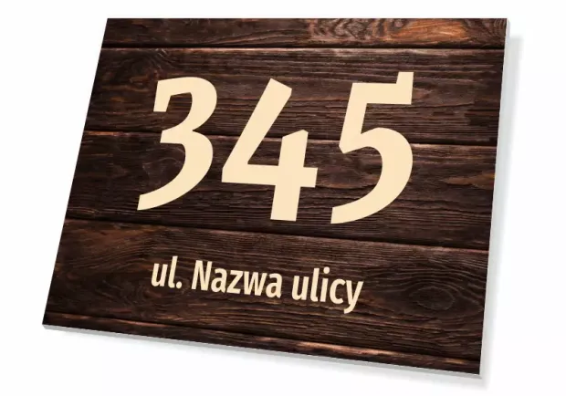 Tabliczka na dom T671, z numerem i ulicą - Wzór graficzny. Prostokątna tabliczka z dużym numerem 345 i napisem ul. Nazwa